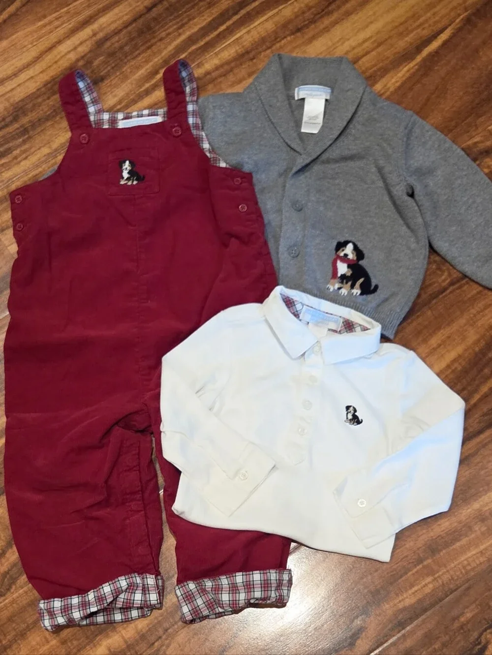 Janie and Jack EUC 12-18 Months Red Corduroy Overalls, Bodysuit and Dog Sweater